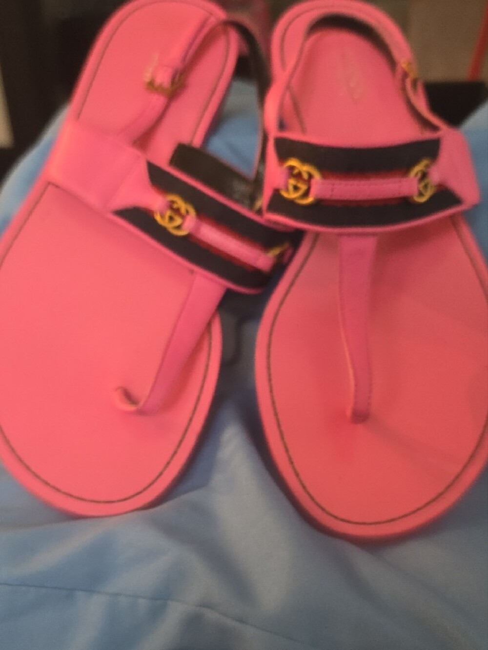 Gucci Pink Leather Sandal with Navy Web and Gold Double G